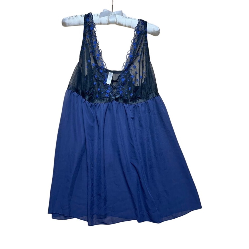 Cacique Women Blue Star Embroidered Mesh Babydoll Chemise Nightgown 18/20